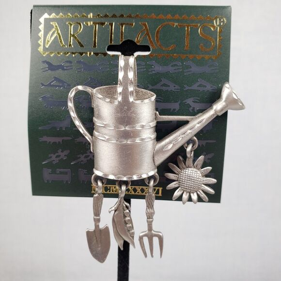 Vintage JJ Jonette Pewter Watering Can Dangle Flower Fork Shovel Veggie Brooch - Picture 4 of 7